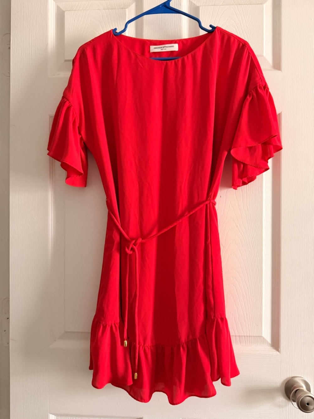 Amanda Uprichard Red Ruffle Sleeve Tie-Waist Dress